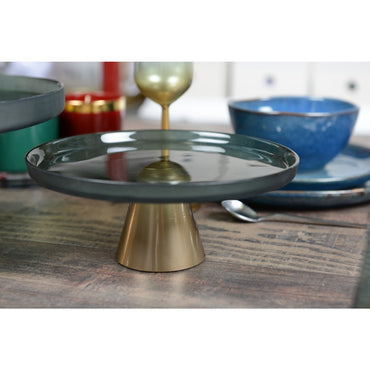 Cake stand with gold foot, green glass display, kitchen decor | CozyVibe