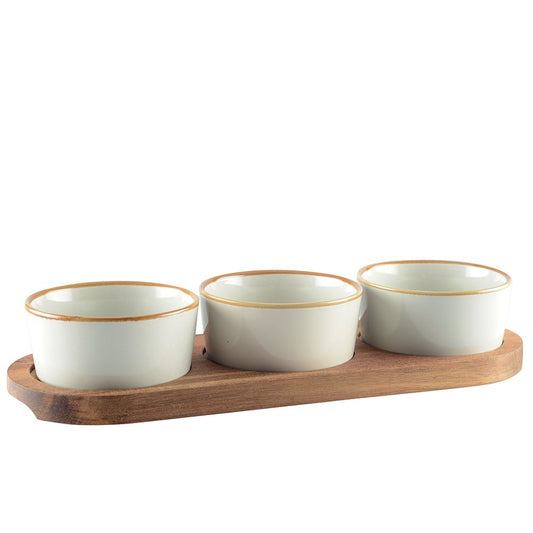 Snacks set of 3 bowls on a wooden tray 29x10x5.1cm - CozyVibe.eu