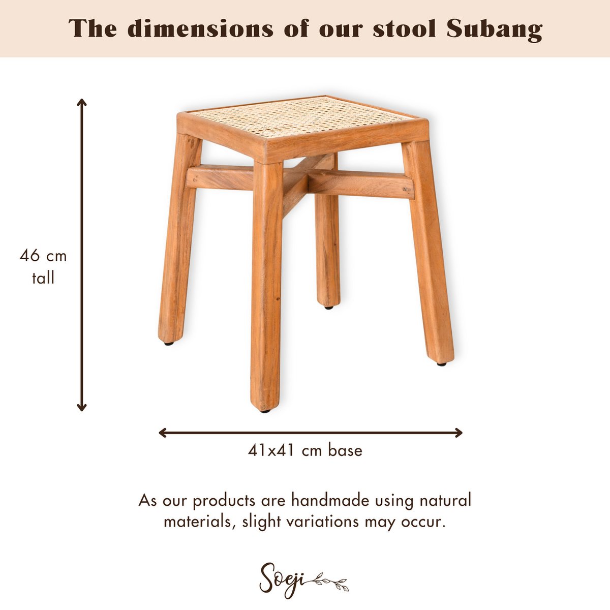 SUBANG Wooden Stool – Handmade Square Stool with Rattan - CozyVibe.eu