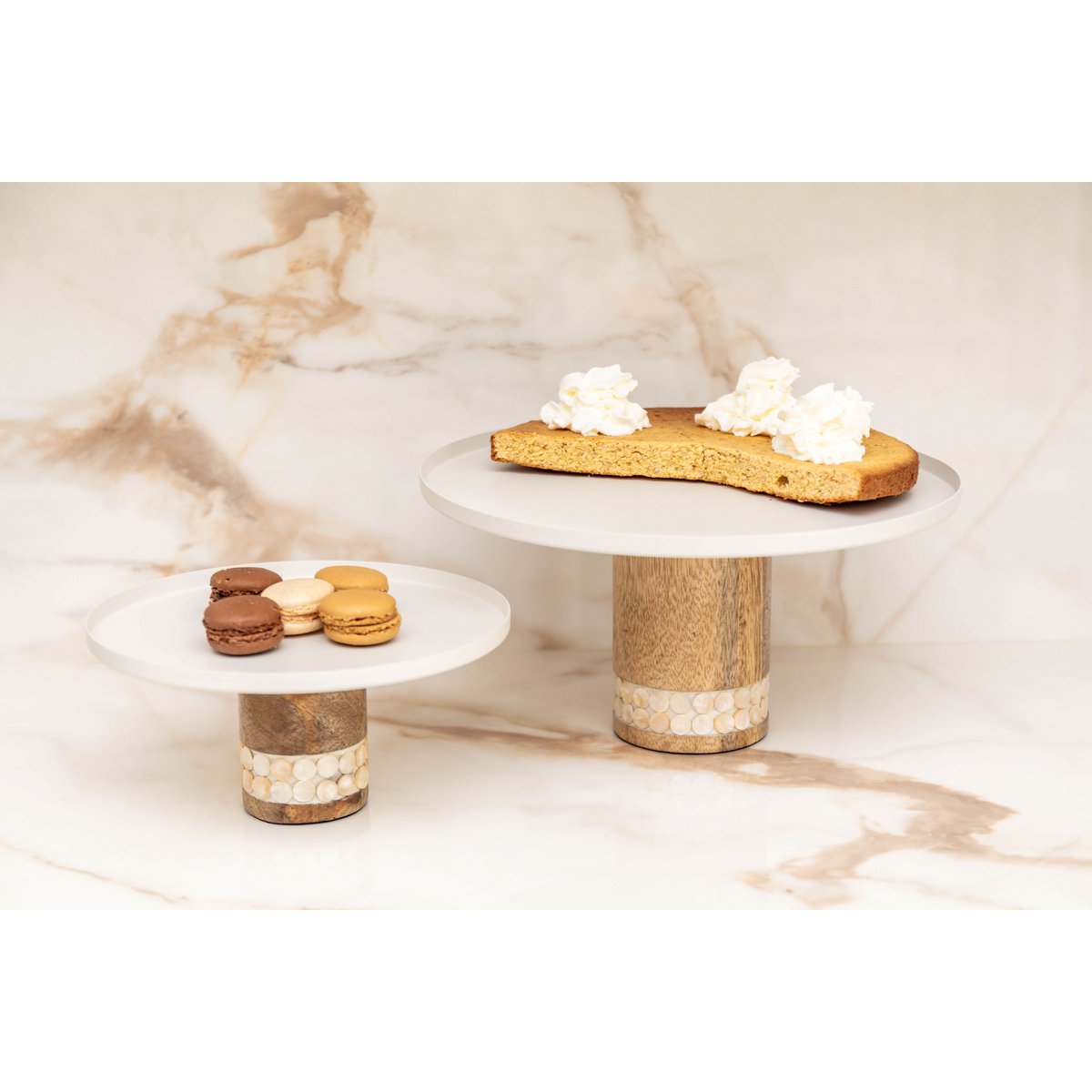 Elegant white cake stand on wooden base, kitchen decor | CozyVibe