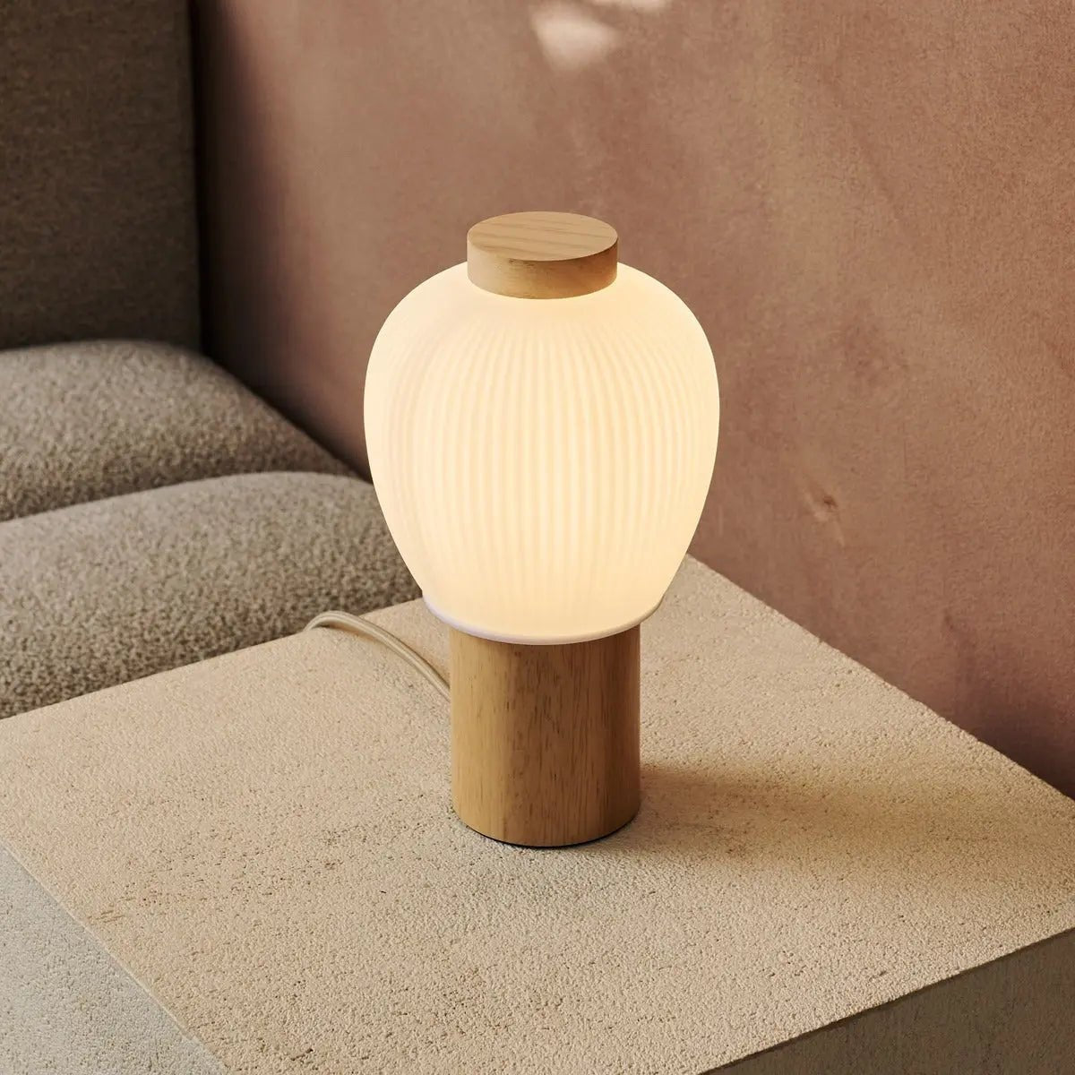 Lot Light Brown Wooden and Glass Table Lamp