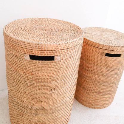 SARI rattan basket, sustainable handmade laundry storage with secure lid