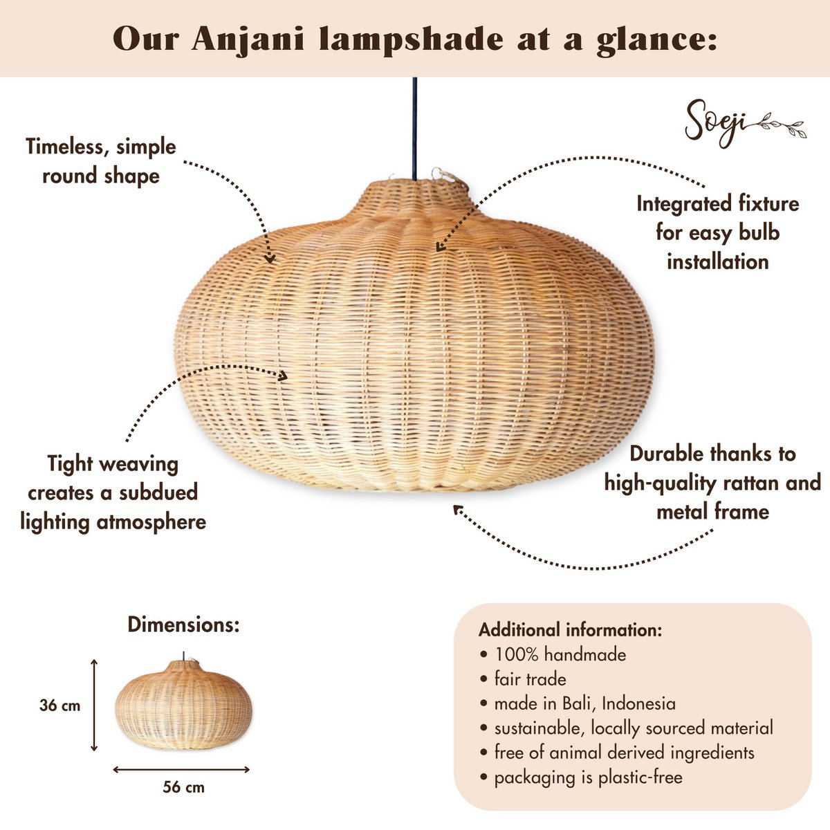 ANJANI Large Rattan Lampshade – Handmade Boho Pendant Light 56 cm - CozyVibe.eu
