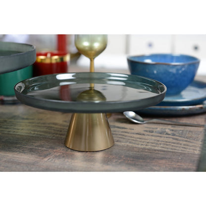 Cake stand with gold foot, green glass display, kitchen decor | CozyVibe

