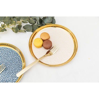 Set of 4 ceramic dessert plates with gold edge, blue and cream