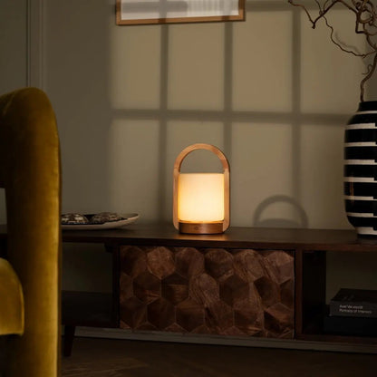 George Light Brown Wooden Lamp – Rechargeable Frosted Glass Design - CozyVibe.eu