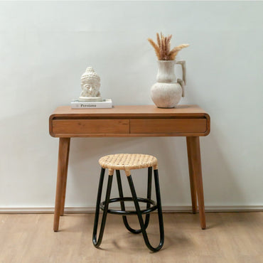 KOLAKA Rattan Stool Black Ø35 cm – Handmade Round Woven Seat - CozyVibe.eu