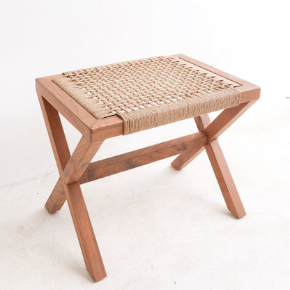 Large Wooden Stool INDRA (beige) made of Trembesi with a Seating Surface from Woven Recycled Paper - CozyVibe.eu