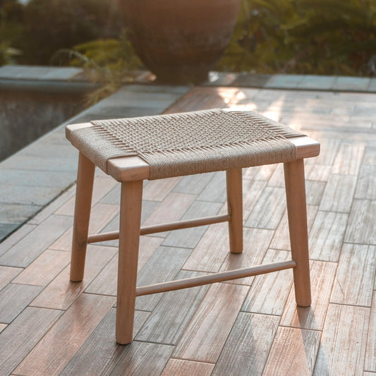 Large Wooden Stool SUNDA made of Trembesi with a Seating Surface from Woven Recycled Paper - CozyVibe.eu