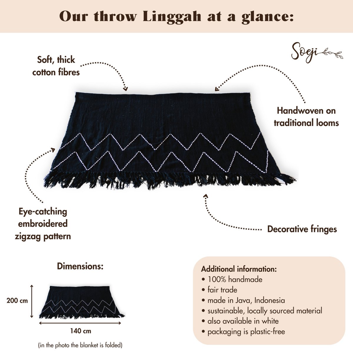 LINGGAH Black Cotton Throw Blanket Fringed Home Decor | CozyVibes