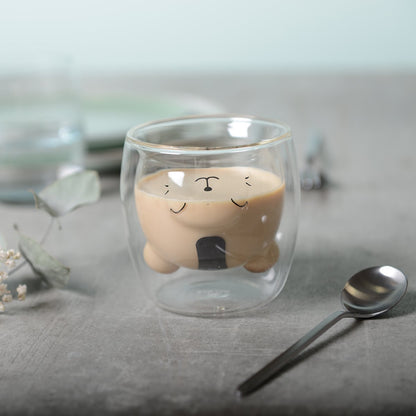 Glass espresso cup set with inner bear shape, insulated double-wall