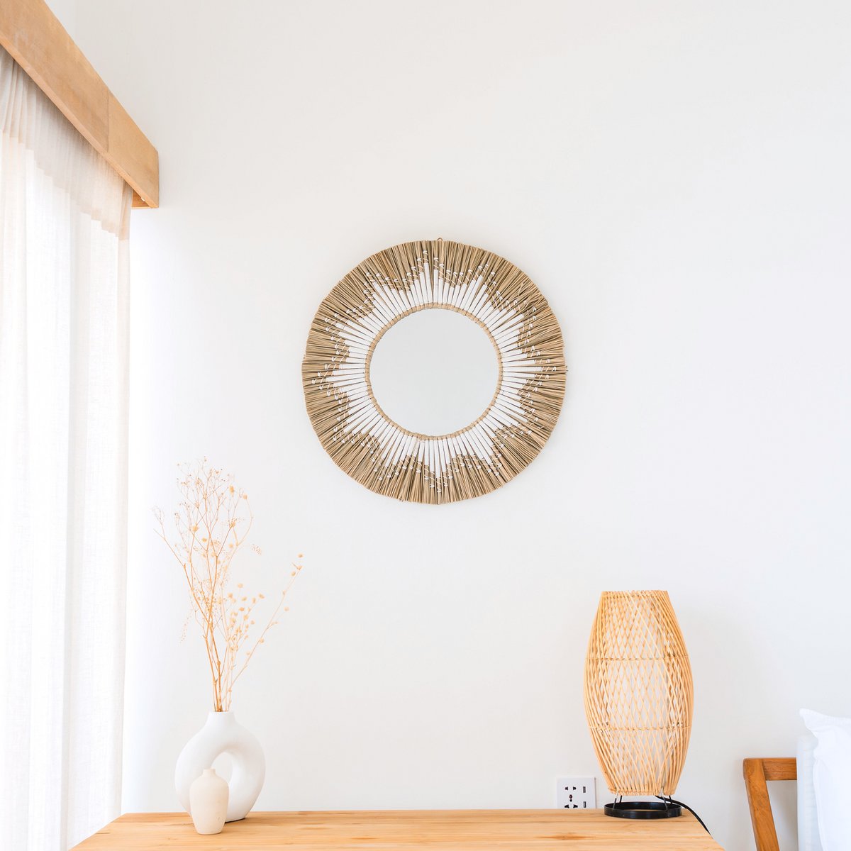RANDU runder Seegras-Wandspiegel – Boho-Hängespiegel, Ø60 cm – CozyVibe.eu