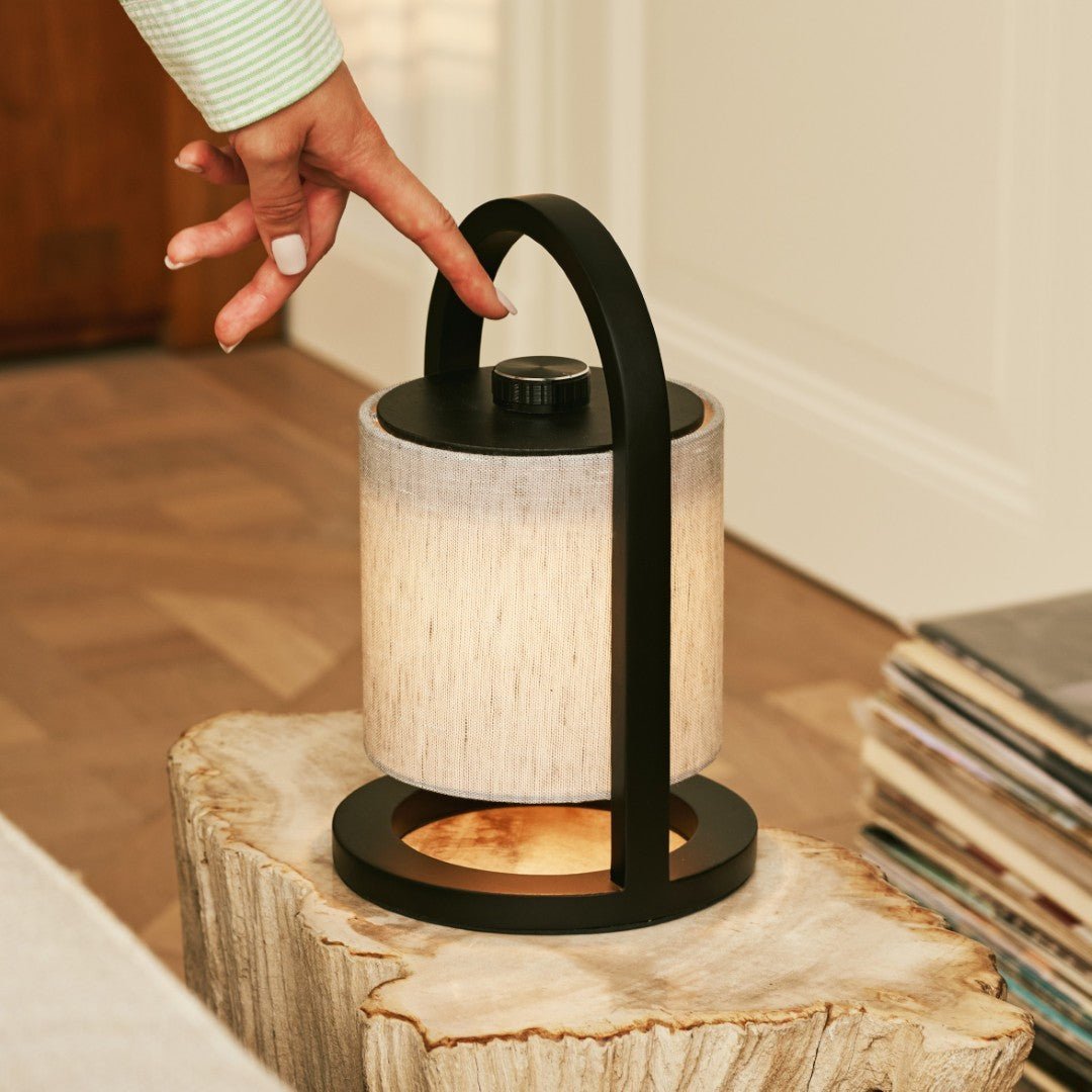 Black and grey LED table lamp with wooden details, cordless and dimmable