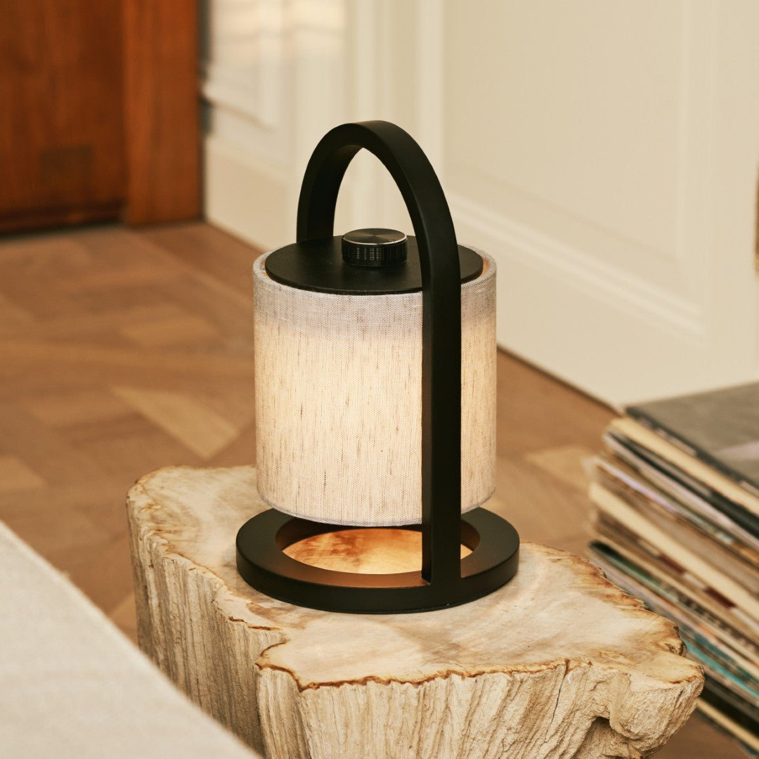 Schlanke kabellose Leuchte mit Dimmer und Holzsockel, Modell River Black & Grey