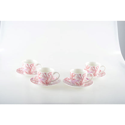 Set of 4 coral design coffee cups with saucers, stylish tableware and home decor | CozyVibe

