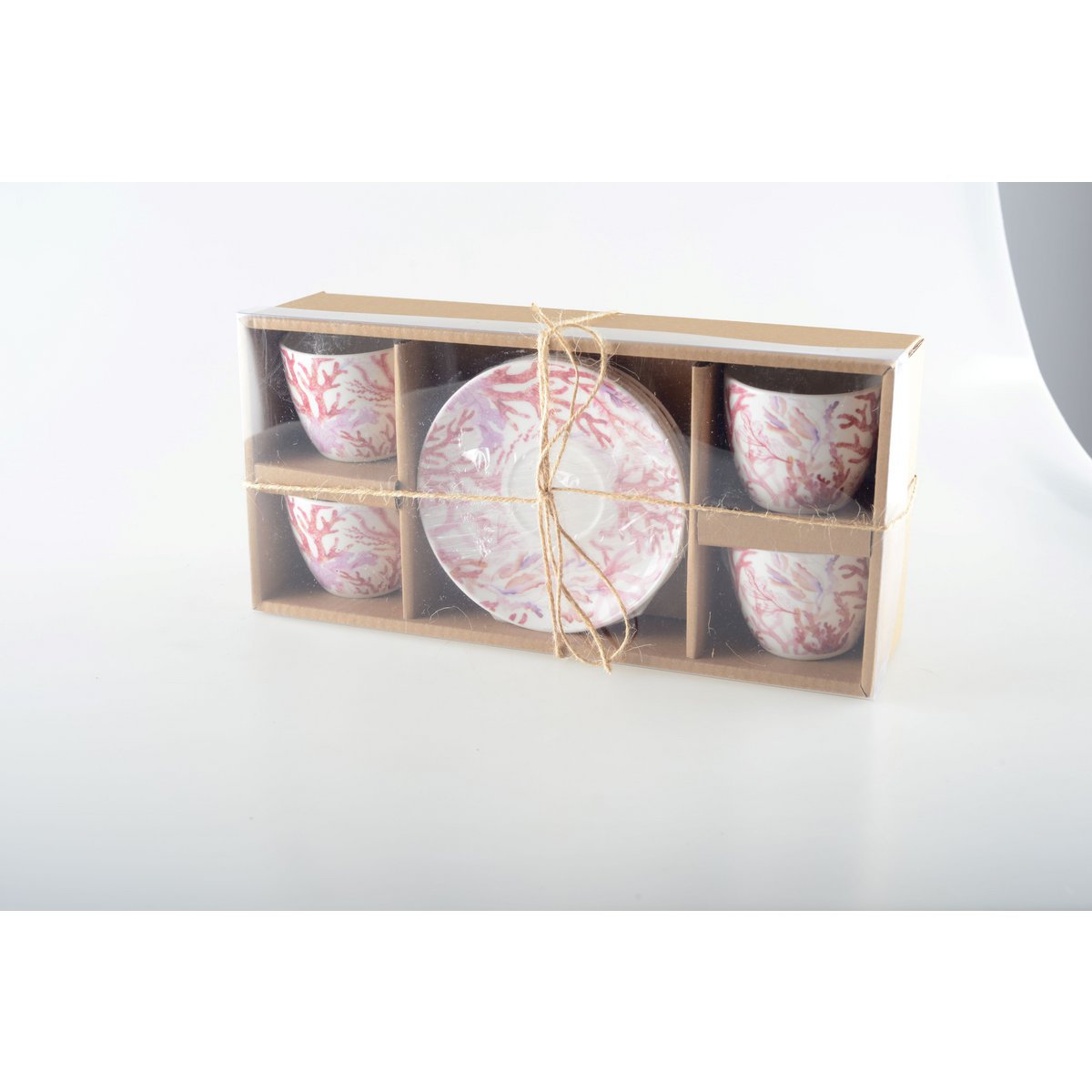 Coral pattern coffee cup set with matching saucers, perfect for kitchen decor | CozyVibe

