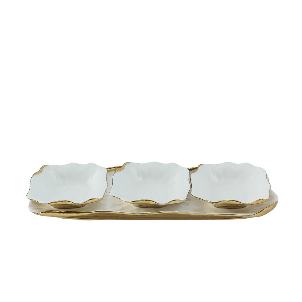 Snacks set of 3 bowls on a white porcelain tray with golden edges - CozyVibe.eu