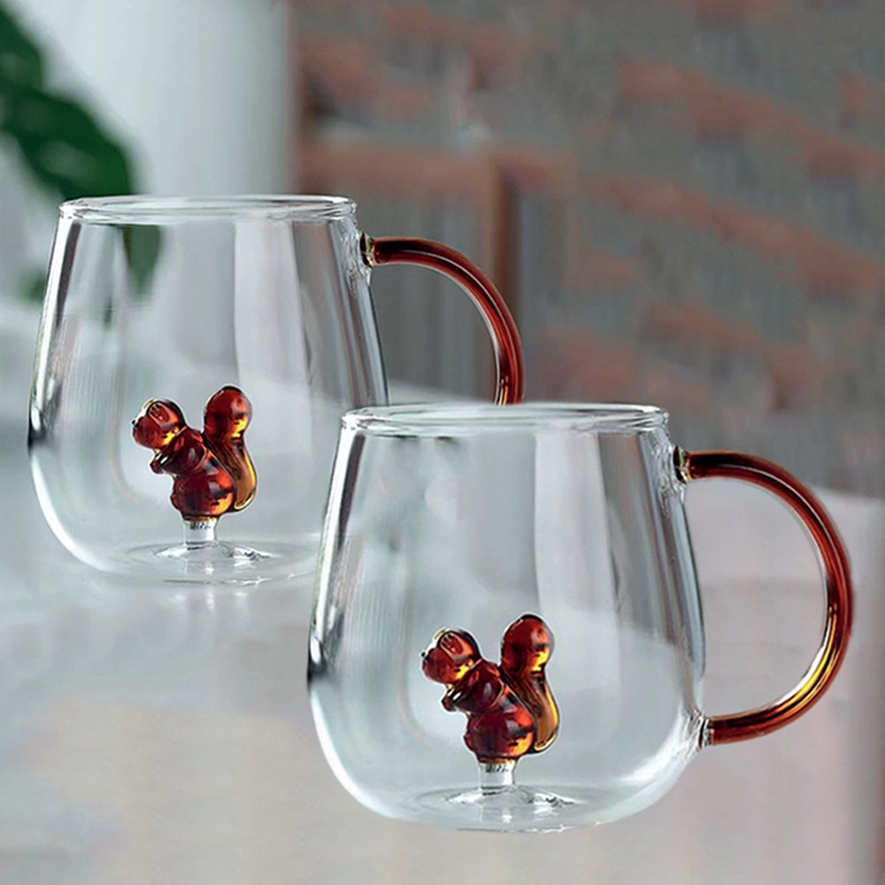 Set of 2 glass tea cups with squirrel design, stylish tableware and home decor | CozyVibe

