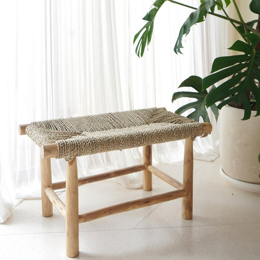 SUNGAI Wooden Bench – Seagrass Seat Handcrafted Design - CozyVibe.eu
