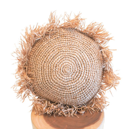 Handmade round raffia pillow for cozy home décor by CozyVibe

