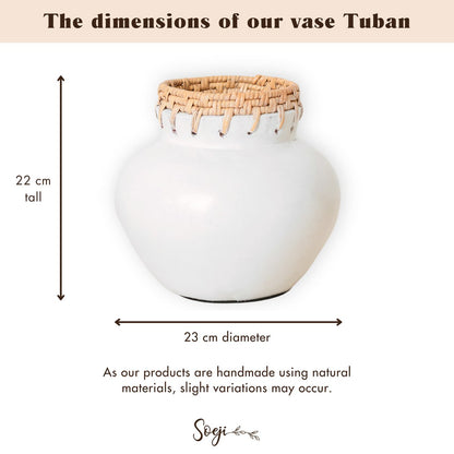 TUBAN White Clay Vase – Handmade Vase with Rattan Detail - CozyVibe.eu