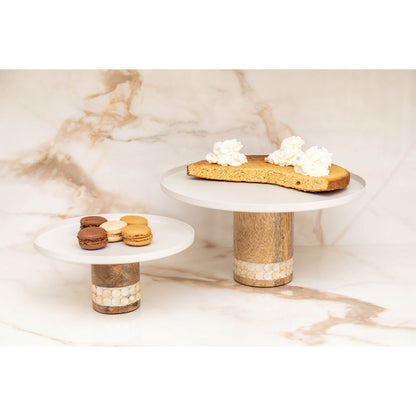 Elegant white cake stand on wooden base, kitchen decor | CozyVibe