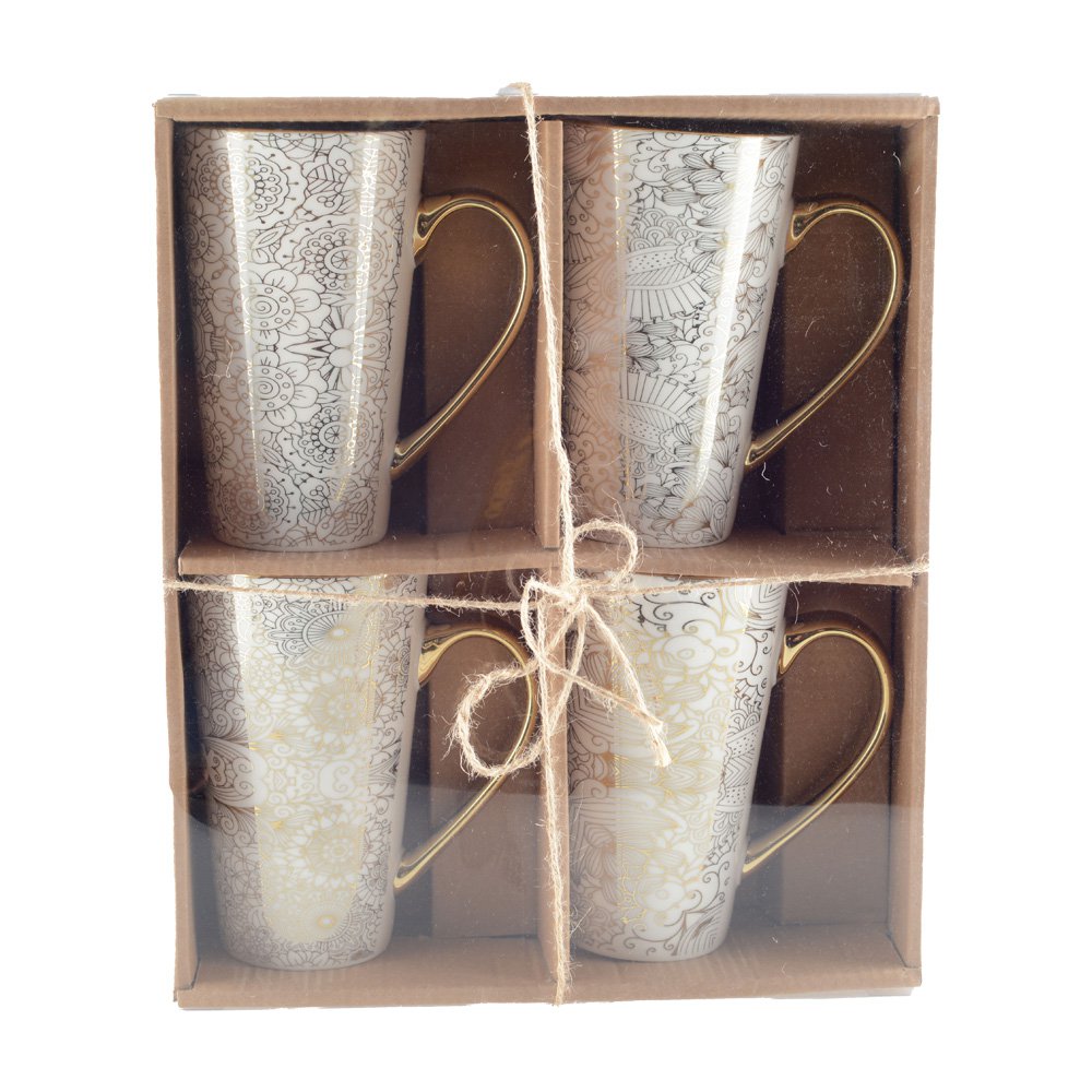 Weiße Becher mit abstraktem Design, 4er-Set – CozyVibe.eu