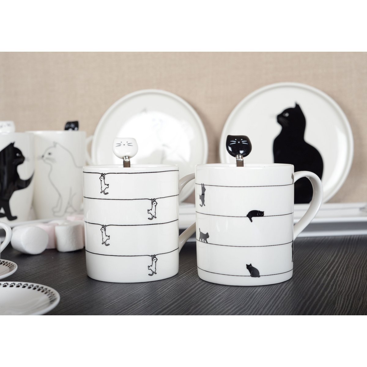 Weiße Teetassen mit Katzendesign, 2er-Set – CozyVibe.eu
