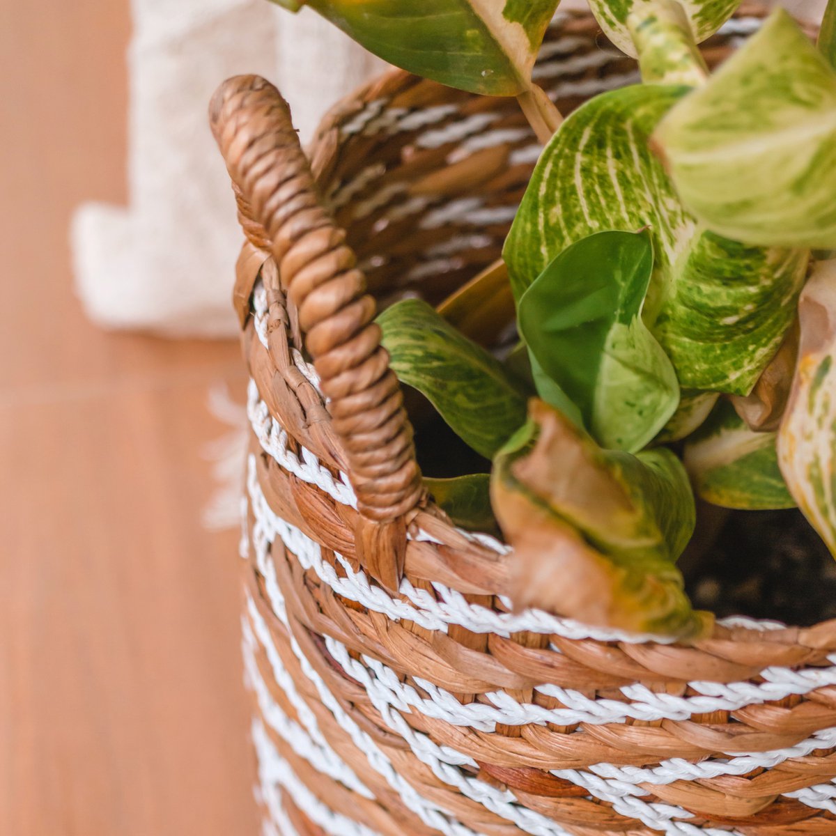 YALIMO Basket – Woven Water Hyacinth with Stripes - CozyVibe.eu
