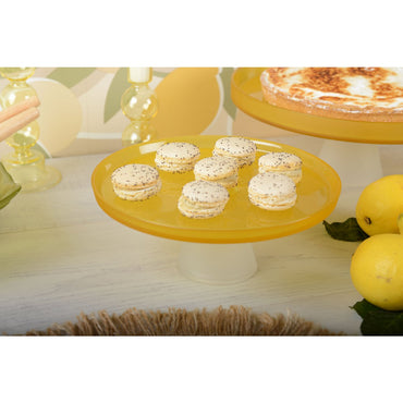 Yellow glass cake stand with lemon design, kitchen decor | CozyVibe